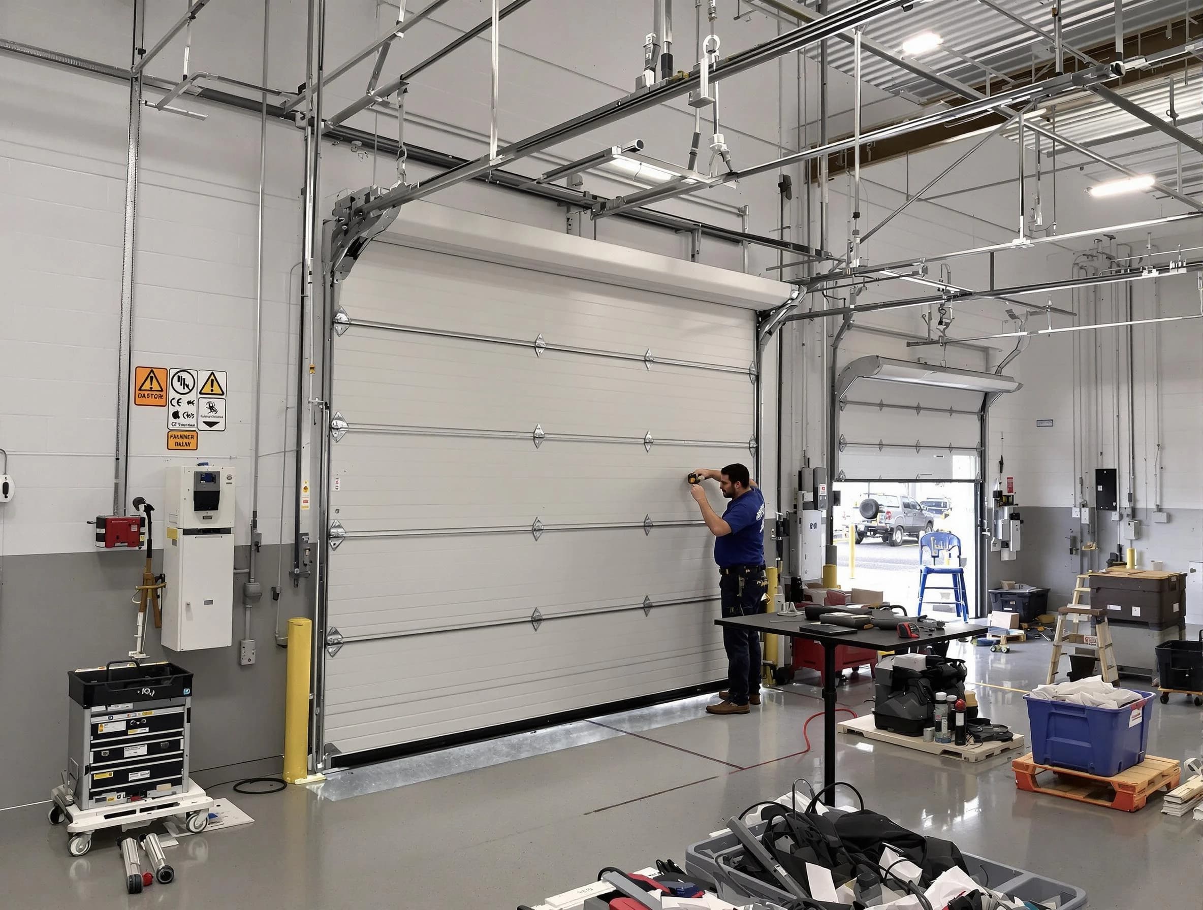 Commercial garage door repair being performed by Bon Air Garage Door Repair expert in Bon Air